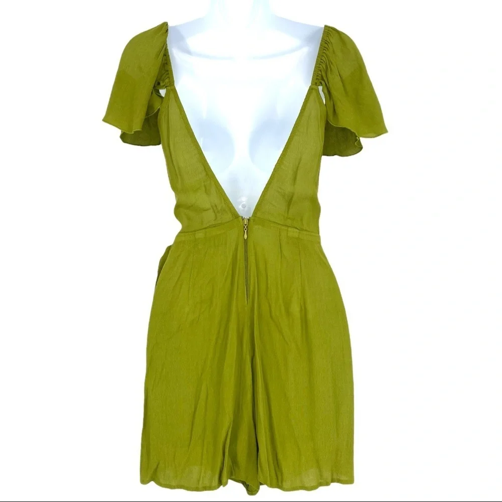 Show Me Your Mumu Romper Womens Small Green Elena Wrap Front Flutter Cap Sleeve